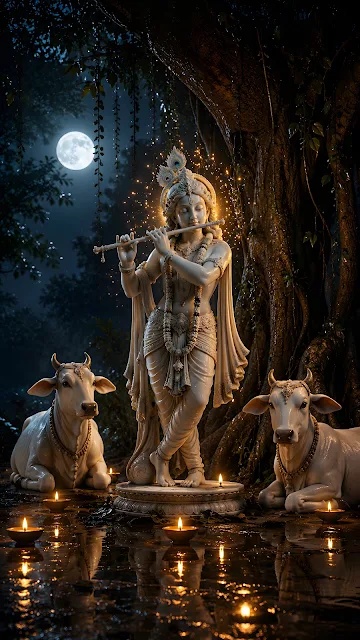 White marble-like statue of Lord Krishna playing a flute standing between two resting white cows in a dark moonlit forest with oil lamps.