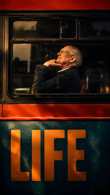 Senior gentleman in suit jacket looking out framed bus window with chin resting on hand.