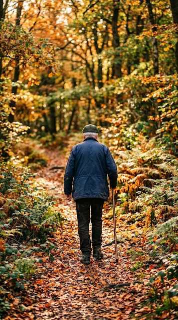 Senior Man with Walking Stick on an Autumn Forest Trail - Free 4K & 8K mobile Wallpaper