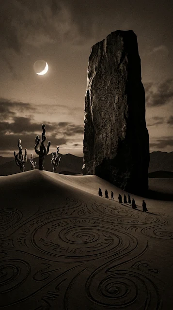 Sepia Surreal Desert Landscape with Dark Monolith and Ancient Symbols - Free 4K & 8K mobile Wallpaper