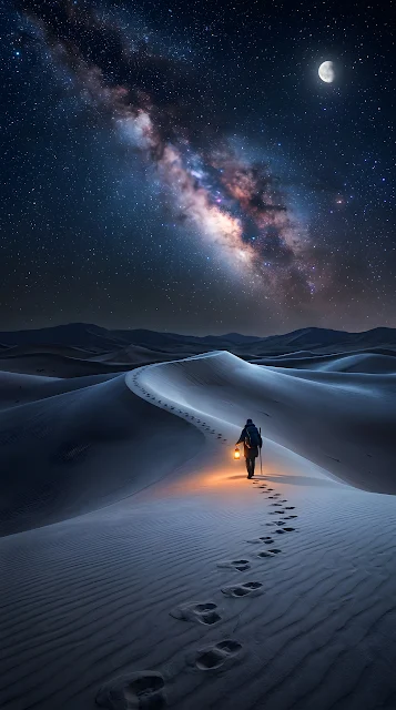 Serene Desert Landscape with Wanderer Under the Milky Way - Free mobile Wallpaper