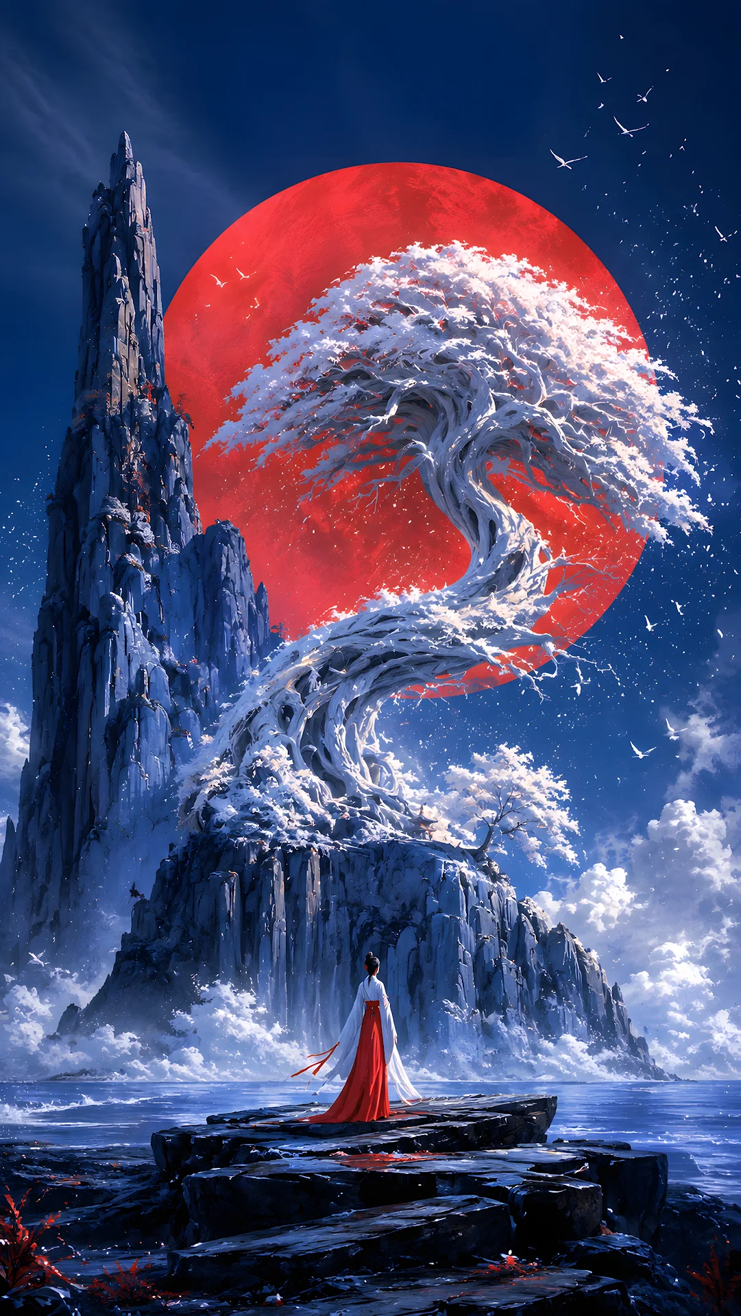 Download Serene fantasy mountain peak with snow covered tree and large red sun 4K Wallpaper Serene fantasy mountain peak with snow covered tree and large red sun - Free 4K mobile Wallpaper