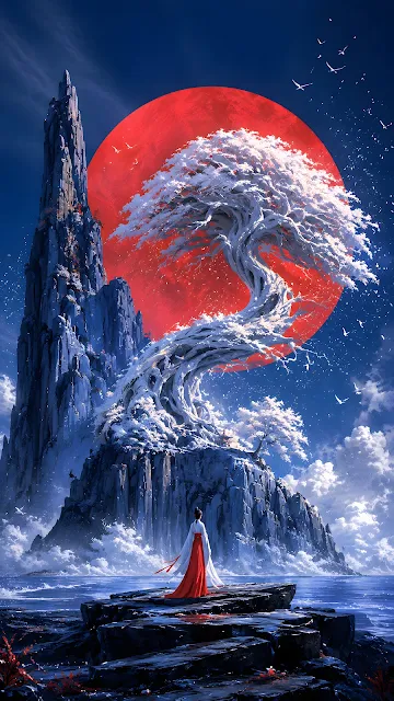 A stylized snow-covered gnarled tree on a coastal rock spire before a massive vibrant red sun against a dark blue sky.