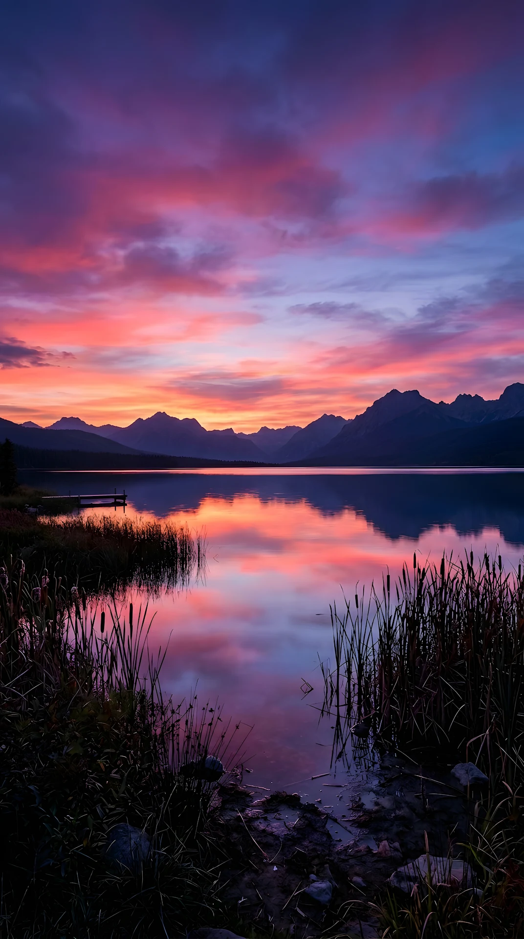 Serene Lakeside Sunset with Vibrant Purple and Pink Sky - Free 4K mobile Wallpaper
