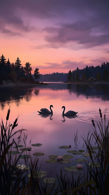 Serene Lakeside Twilight with Gliding Swan Silhouettes - Free mobile Wallpaper