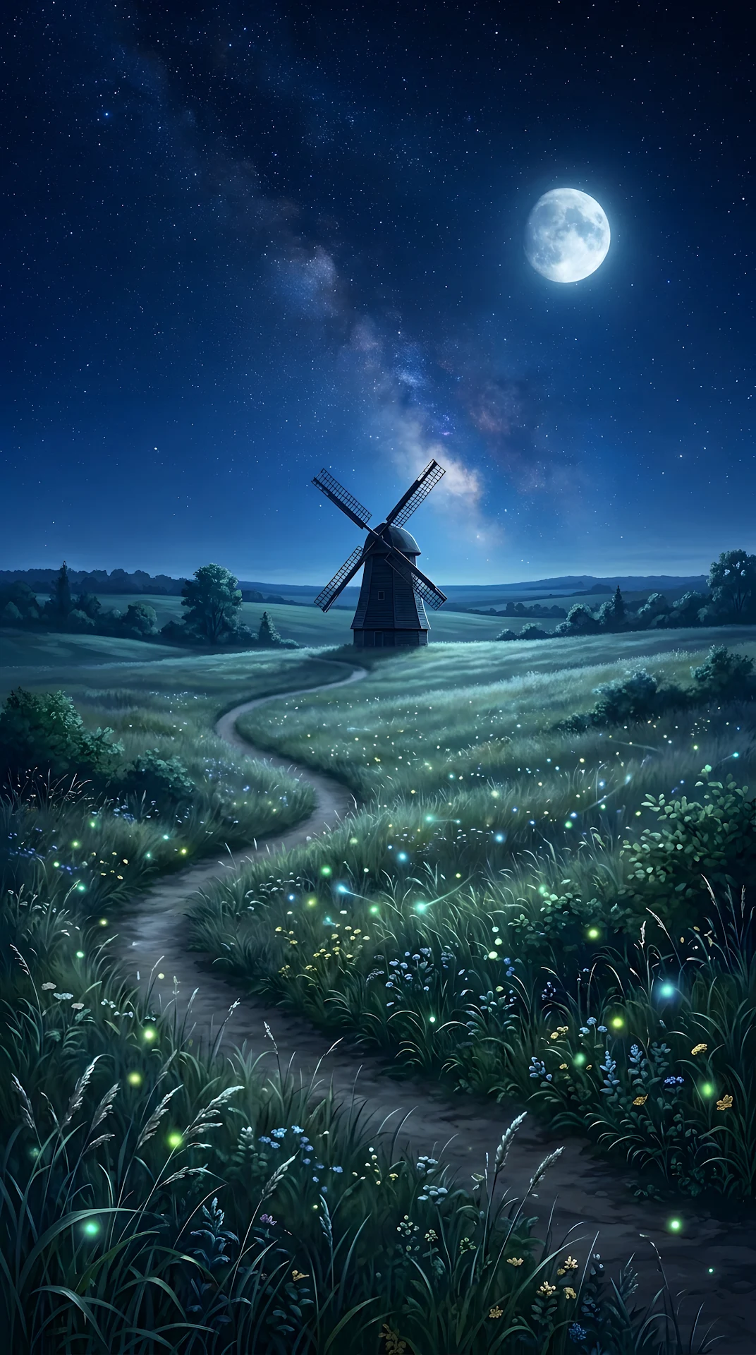 Serene Moonlit Prairie with Windmill and Starry Cobalt Sky - Free 4K mobile Wallpaper