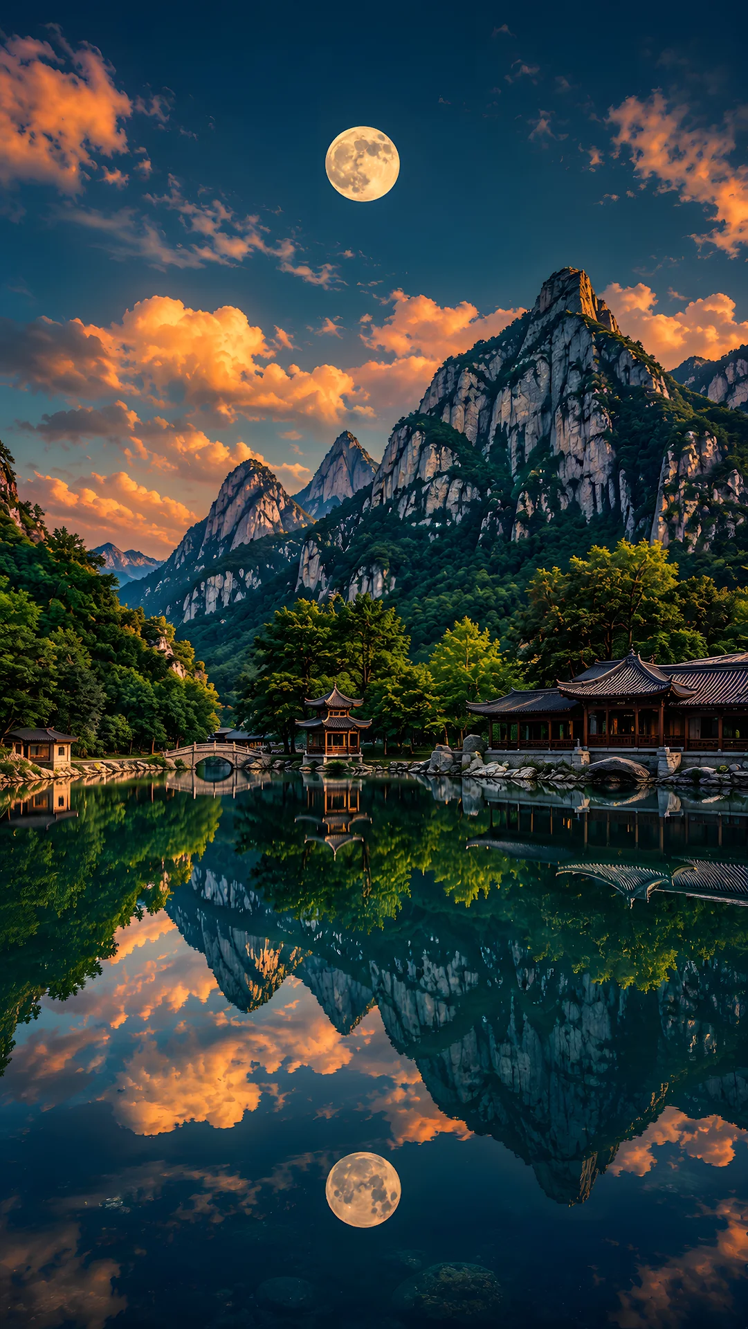 Serene mountain lake reflection with full moon and orange clouds - Free 4K mobile Wallpaper