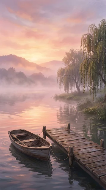 Serene Sunrise Over Misty Lake with Rowboat and Willow Trees - Free 4K & 8K mobile Wallpaper