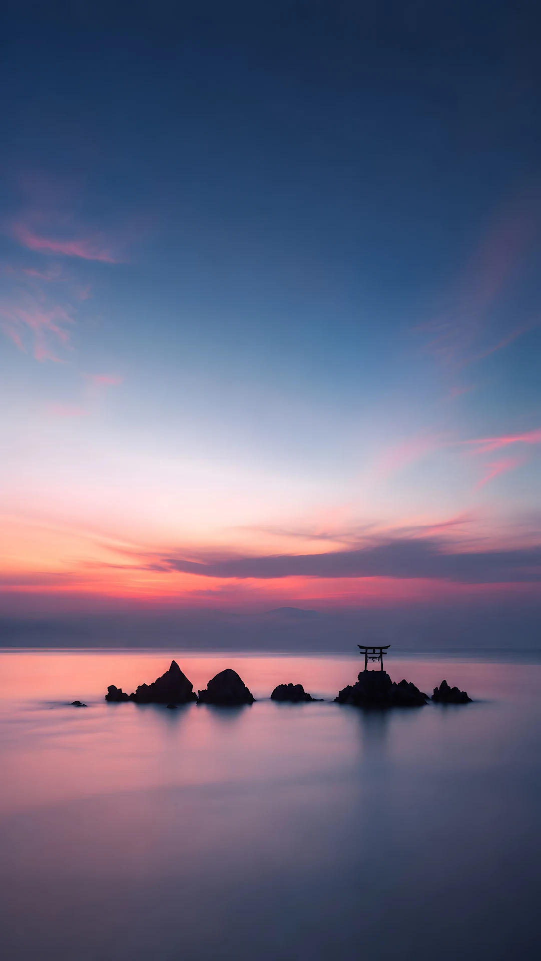 Serene Sunrise Over Sea Rocks With Small Wooden Shinto Gate - Free 4K mobile Wallpaper