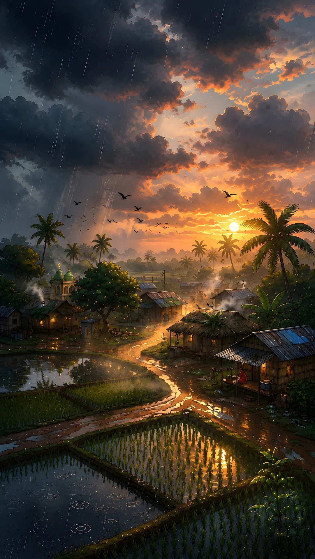 Serene tropical village rice paddies during golden sunset rain - Free 4K mobile Wallpaper