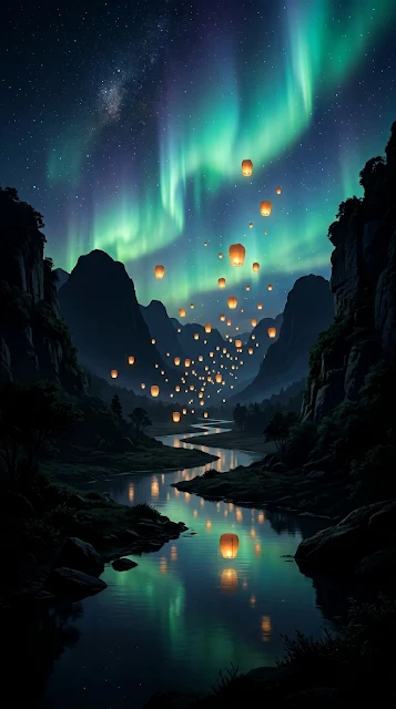 Serene Valley Floating Lanterns Aurora Sky Mobile Wallpaper - Free 4K & 8K mobile Wallpaper