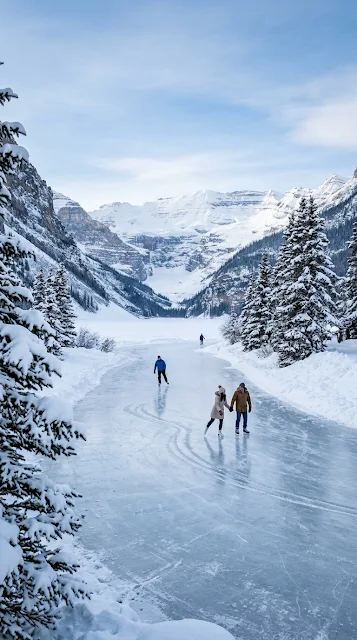 Serene Winter Scene with Frozen Lake Snow-Covered Trees and Skaters - Free 4K & 8K mobile Wallpaper