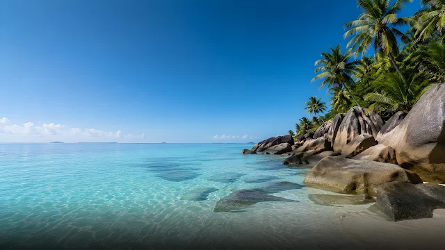 Massive gray granite boulders lining a pristine white sand beach next to transparent turquoise shallow ocean water under a deep blue sky.