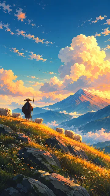 A shepherd holding a staff stands on a grassy mountain hill with sheep under vibrant sunset clouds and peak views.