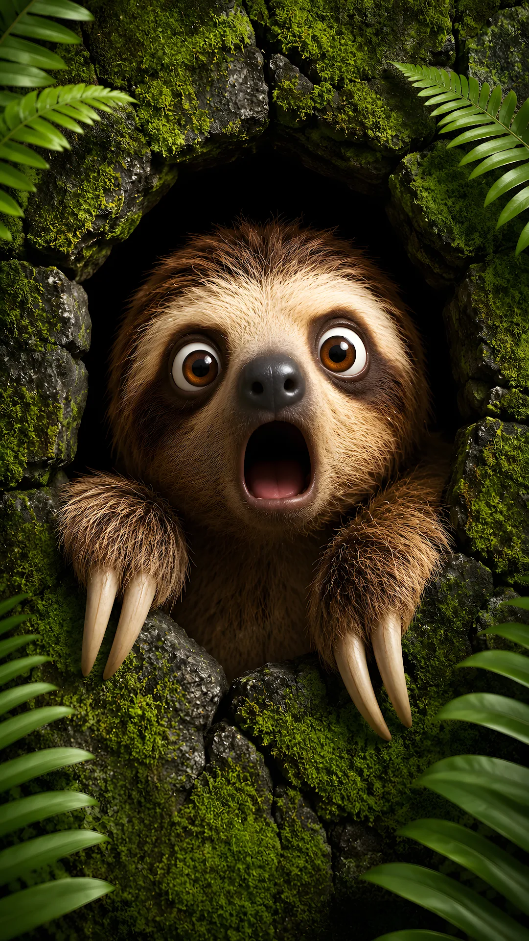 Shocked cartoon sloth peeking through cracked mossy stone wall - Free 4K mobile Wallpaper
