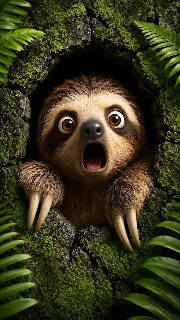 A stylized 3D rendered cartoon sloth with a wide-mouthed expression of surprise peeking through a cracked green moss-covered stone wall.