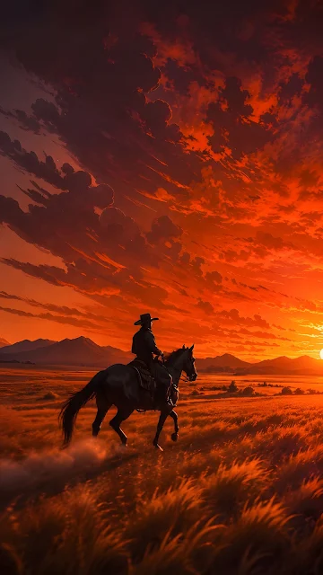 Dark silhouette of a cowboy on horseback galloping across a grassy plain under an intense fiery red sunset sky.