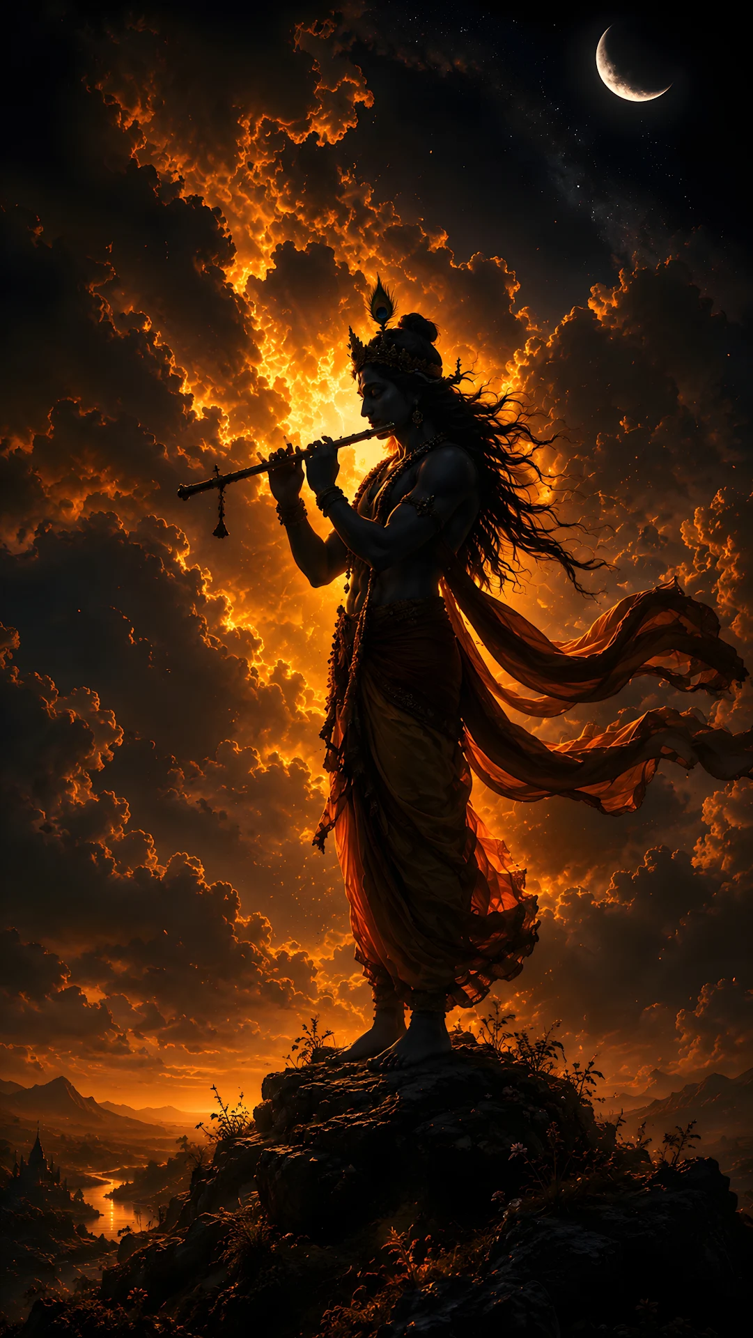 Silhouette of Divine Figure Playing Flute Against Dramatic Cloud Sunset - Free 4K mobile Wallpaper