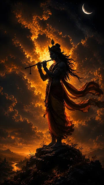 Silhouette of a divine deity playing a flute standing on a rocky peak against a dramatic orange cloud sky.