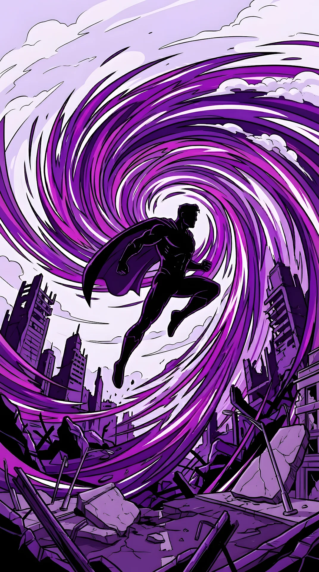 Silhouette Hero Leaping Through Purple Energy Vortex Illustration - Free 4K mobile Wallpaper