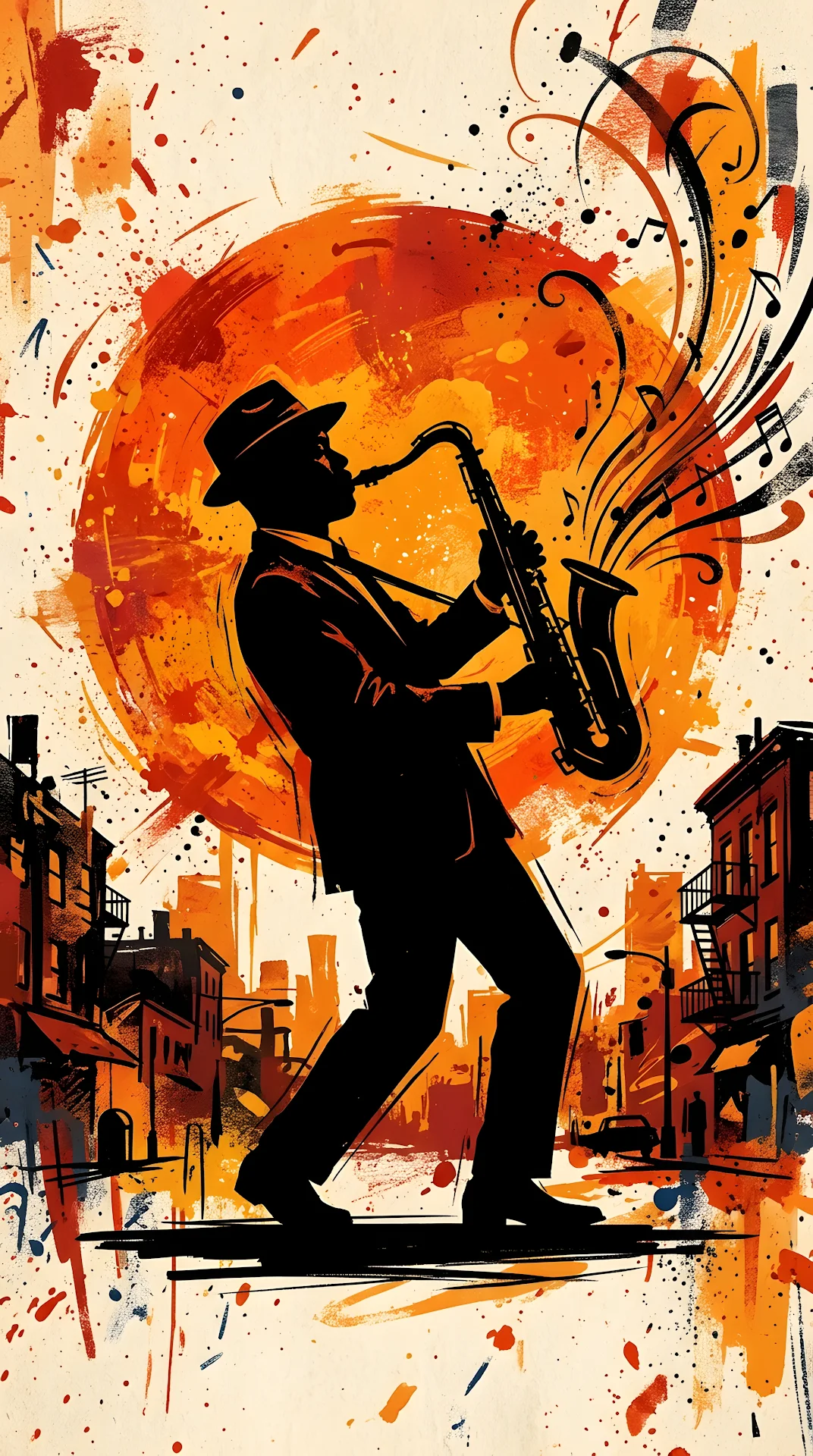 Silhouette of a Jazz Saxophone Player against an Orange Sun - Free 4K mobile Wallpaper