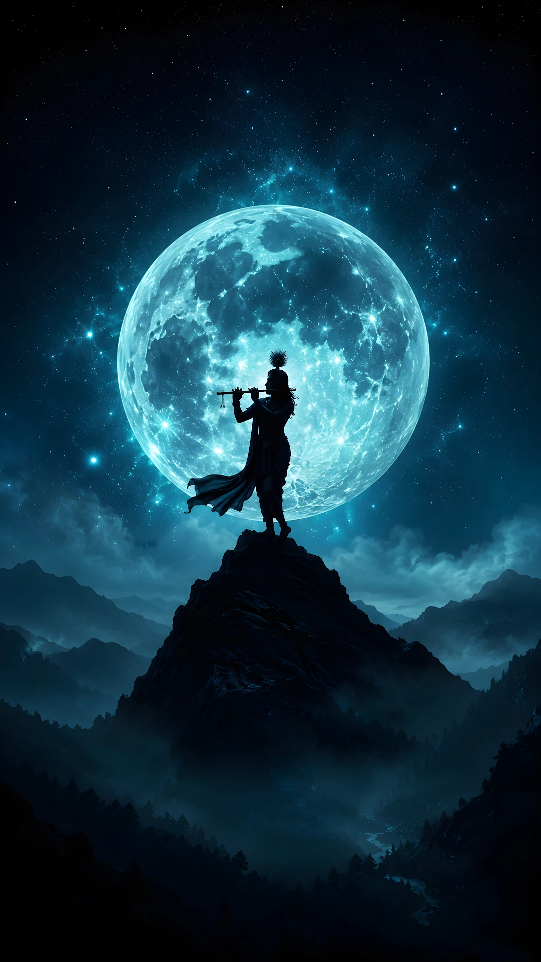 Silhouette of Lord Krishna playing Flute under a Giant Moon - Free 4K mobile Wallpaper