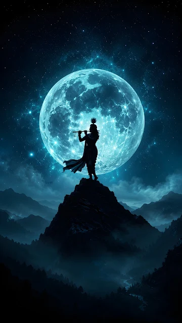 Silhouette of Lord Krishna standing on a mountain peak playing the flute against an enormous glowing teal moon.