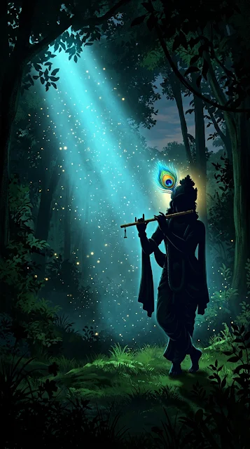 Silhouette of Lord Krishna Playing Flute in Mystical Forest - Free 4K & 8K mobile Wallpaper