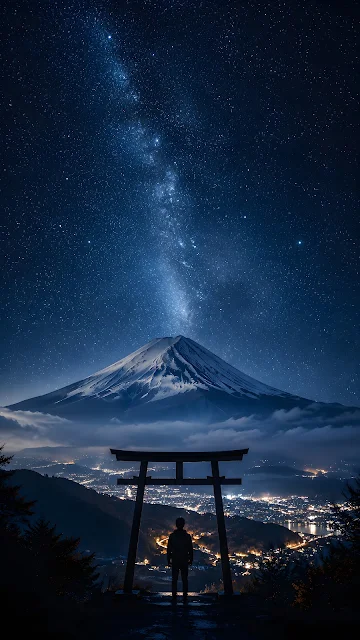 A dark silhouette stands inside a traditional wooden gate under a bright Milky Way starry night sky with a snow-capped mountain.