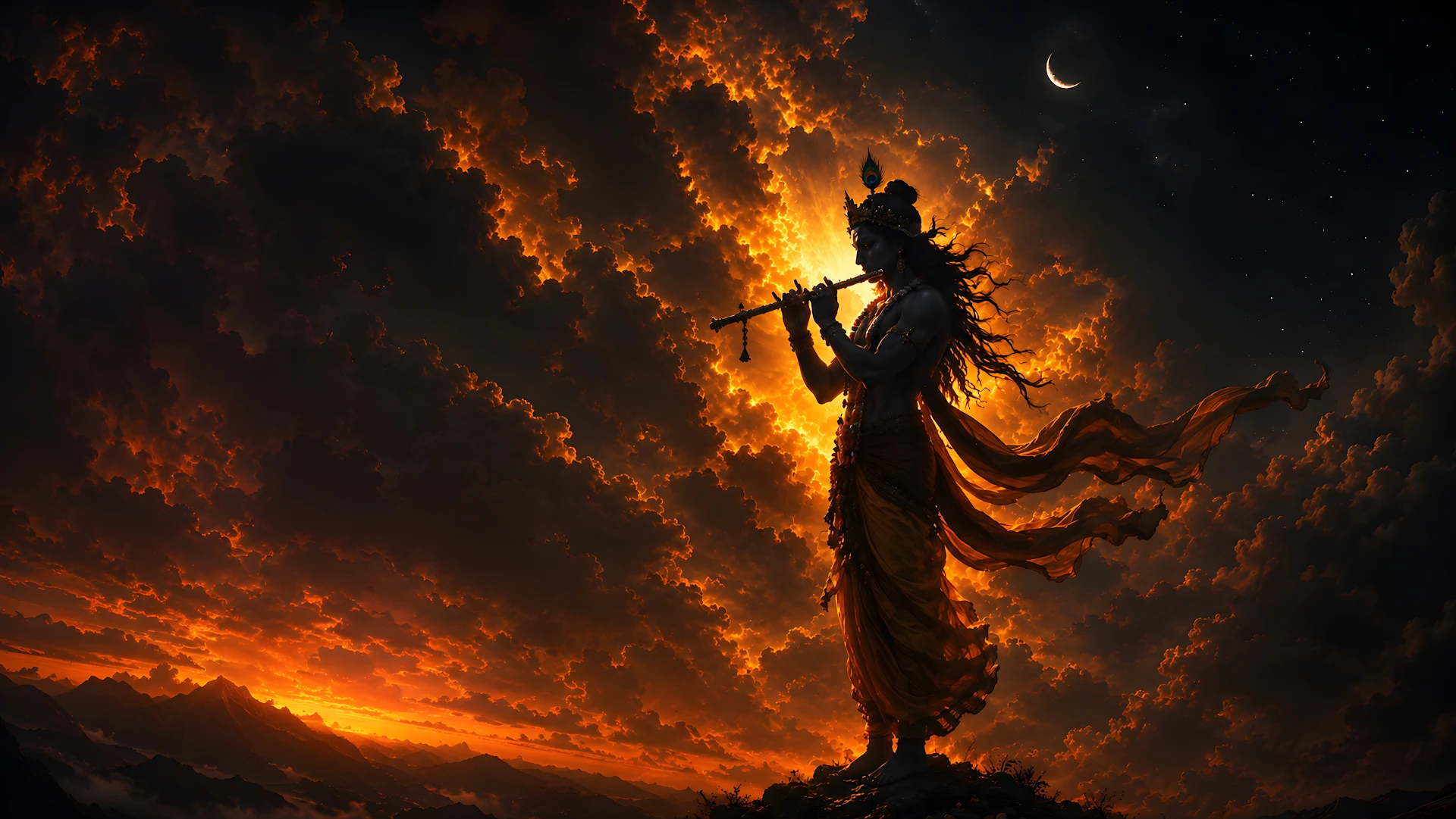 Download Silhouette of traditional divine deity playing flute against sunset sky Wallpaper in 4K UHD Silhouette of traditional divine deity playing flute against sunset sky - Free 8K and 4K desktop Wallpaper Background