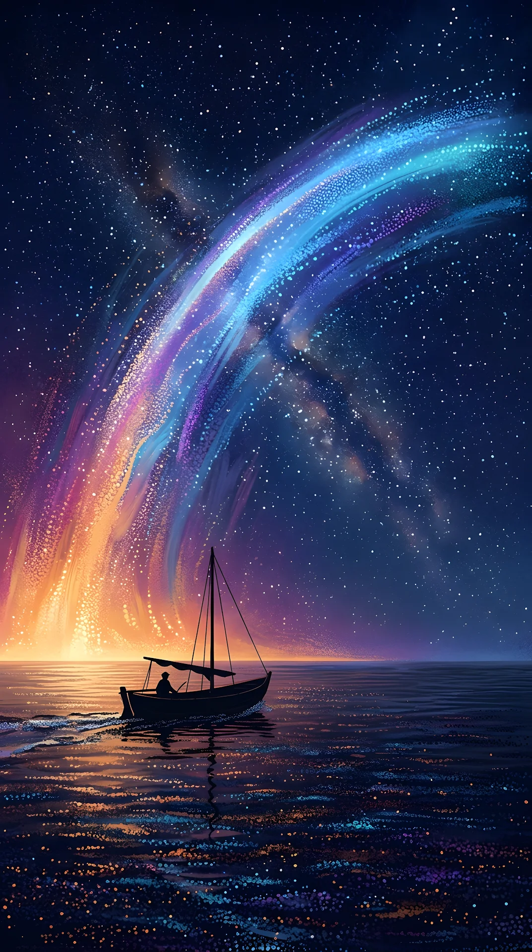 Silhouetted Boat on Calm Sea under Celestial Arc of Light - Free 4K mobile Wallpaper