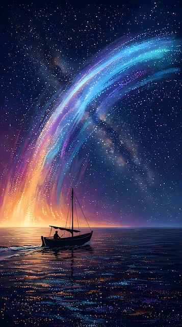 Silhouetted Boat on Calm Sea under Celestial Arc of Light - Free mobile Wallpaper