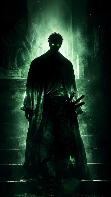 Dark silhouetted samurai character on stone stairs surrounded by mist and a glowing green aura with glowing eyes.