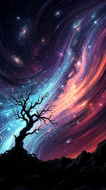 Silhouetted Tree Against Swirling Starry Night Sky - Free 4K & 8K mobile Wallpaper