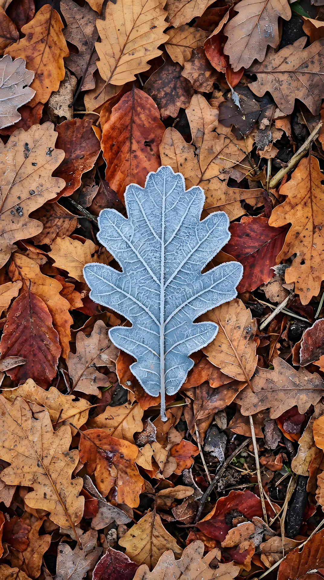 Single Blue Frosted Leaf Resting on Orange Autumn Foliage - Free 4K mobile Wallpaper