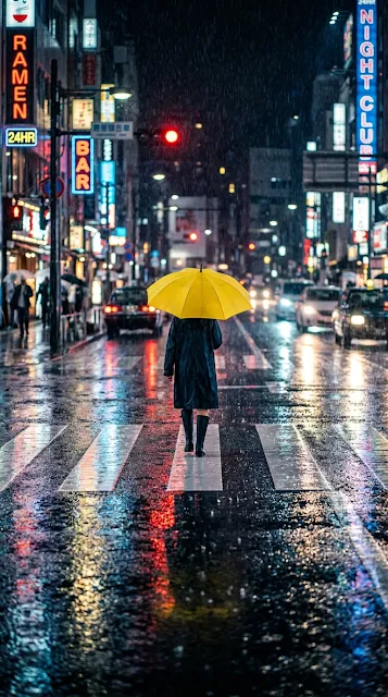 Single Yellow Umbrella in Rain-Soaked Midnight Crosswalk - Free 4K & 8K mobile Wallpaper