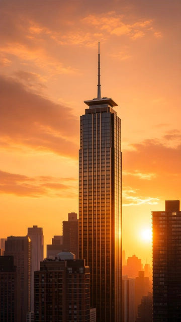 Tall glass skyscraper with rooftop spire reflecting warm sunlight against an orange sunset sky.
