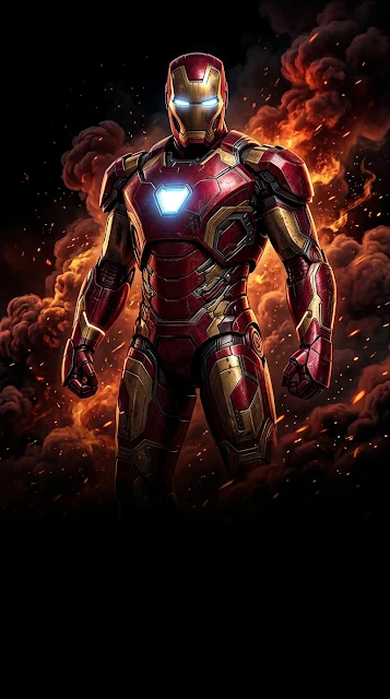 Sleek Armored Hero emerging from Dark Crimson Fire and Smoke - Free 4K & 8K mobile Wallpaper