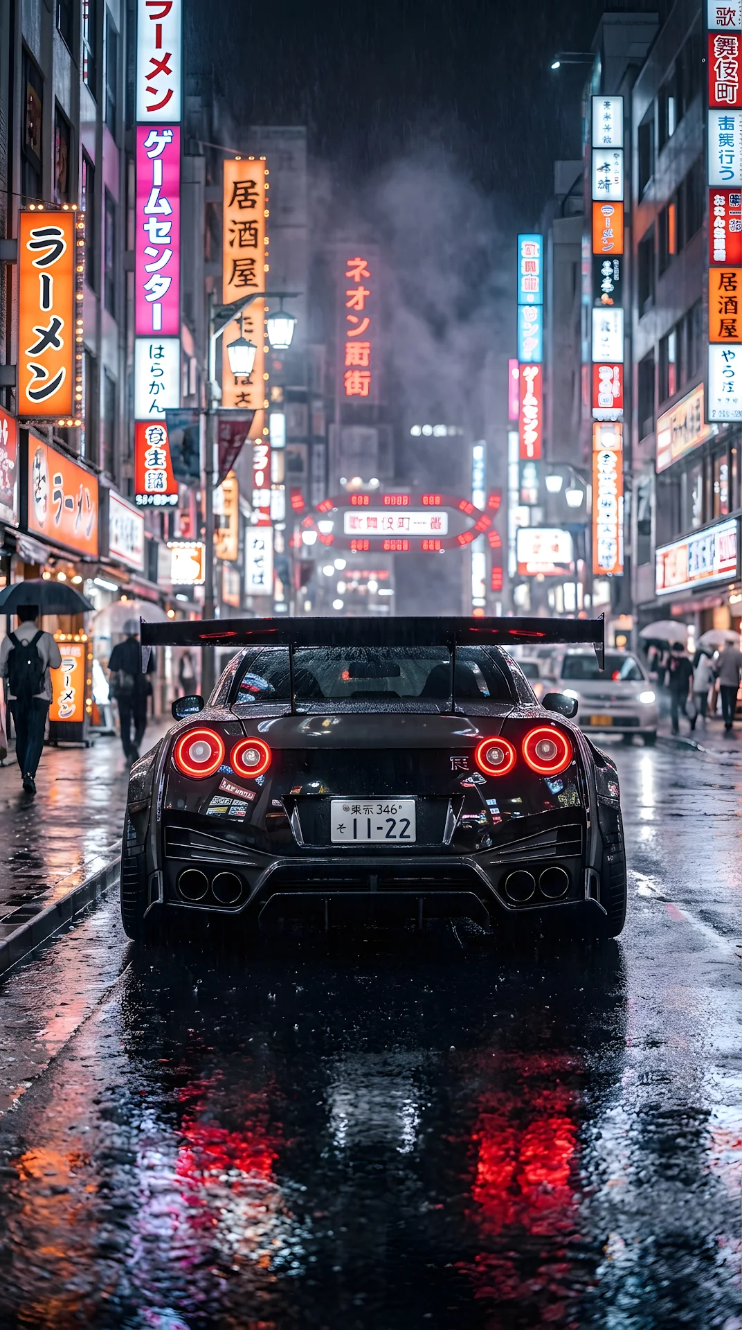 Sleek Black Performance Car in a Rainy Neon Tokyo Streetscape at Night - Free 4K mobile Wallpaper
