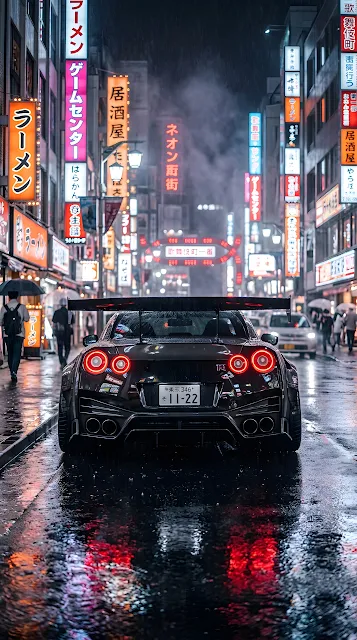 Sleek Black Performance Car in a Rainy Neon Tokyo Streetscape at Night - Free mobile Wallpaper