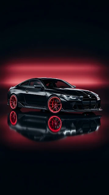 Sleek Black Sports Car on Glossy Floor with Red Lighting - Free mobile Wallpaper