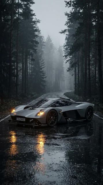 Sleek Gray Supercar on Wet Forest Road under Foggy Canopy - Free 4K & 8K mobile Wallpaper