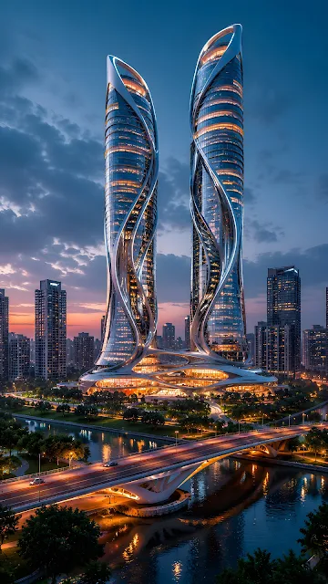 A pair of highly futuristic, organic-shaped glass and steel skyscrapers illuminated with orange internal light, overlooking a city river at sunset.