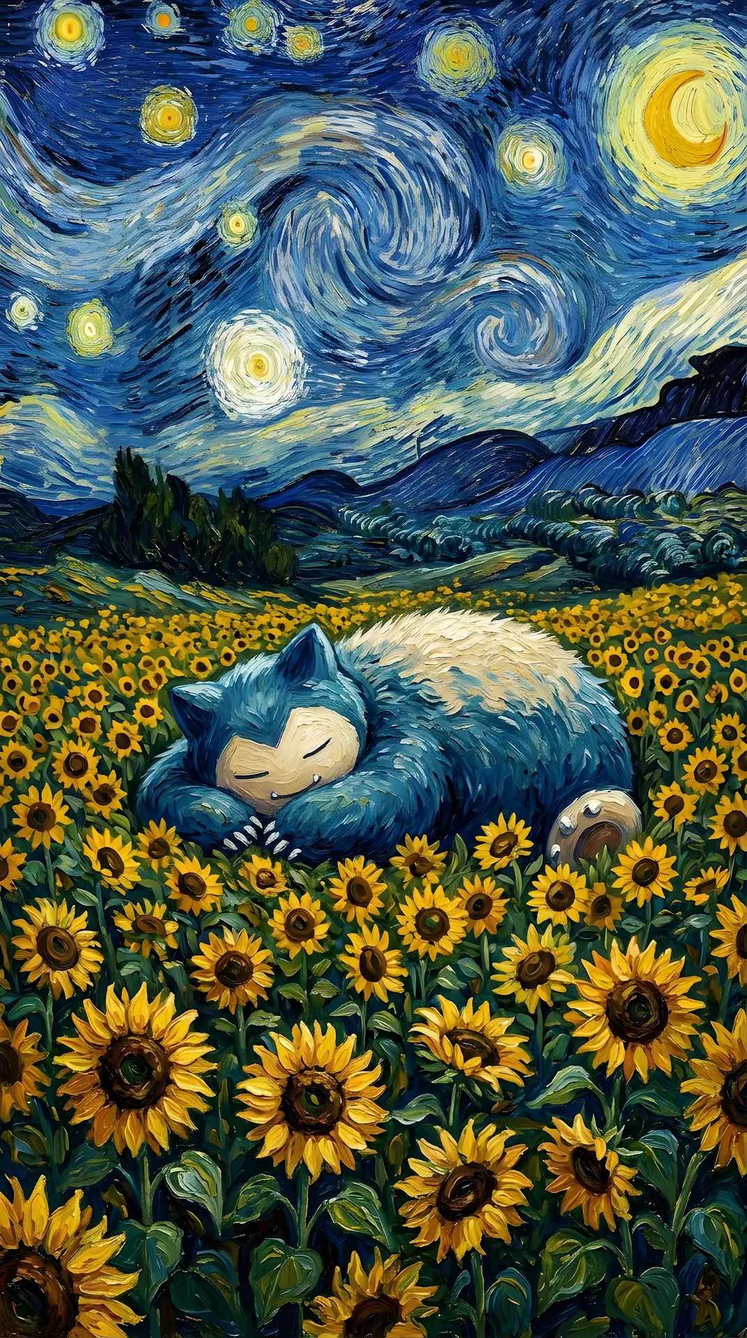 Sleeping Creature in Sunflowers Under Van Gogh Starry Night Sky - Free 4K mobile Wallpaper