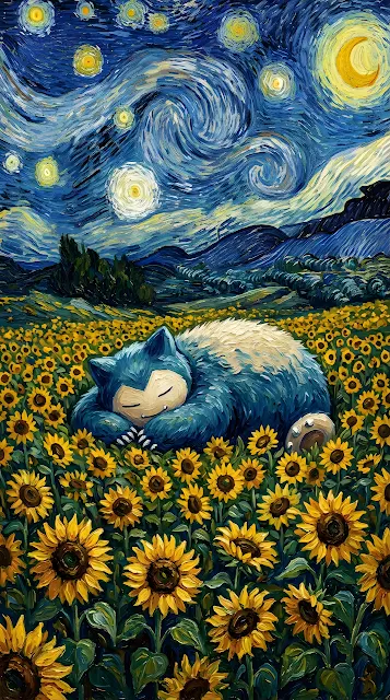 Sleeping Creature in Sunflowers Under Van Gogh Starry Night Sky - Free mobile Wallpaper