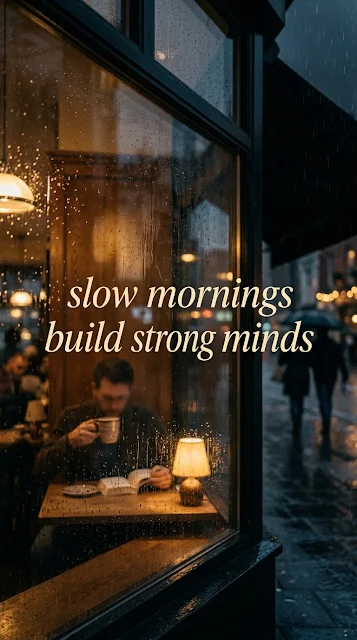 Slow Mornings Quote Integrated into Rainy Cafe Window - Free 4K & 8K mobile Wallpaper