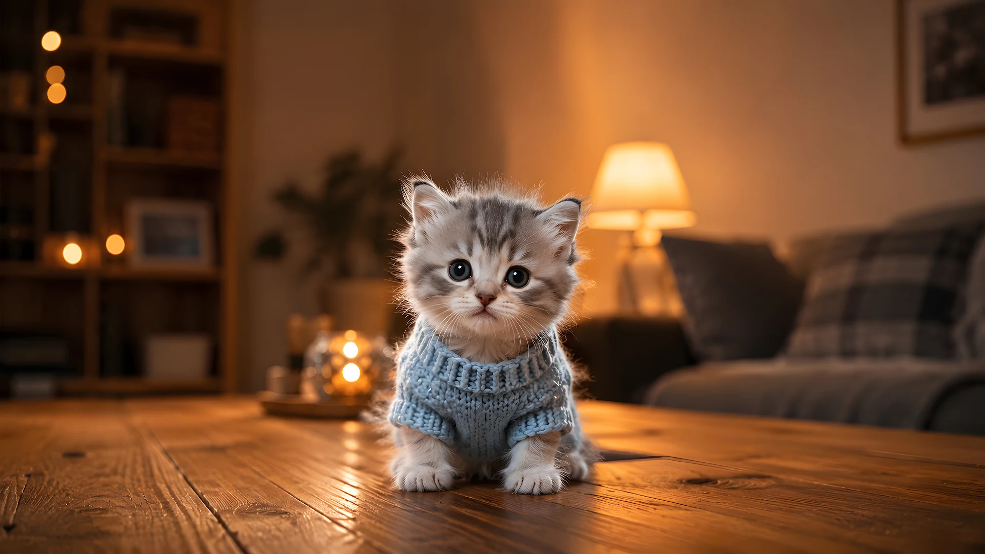 Small kitten wearing a light blue knitted sweater sitting indoors - Free 4K desktop Wallpaper