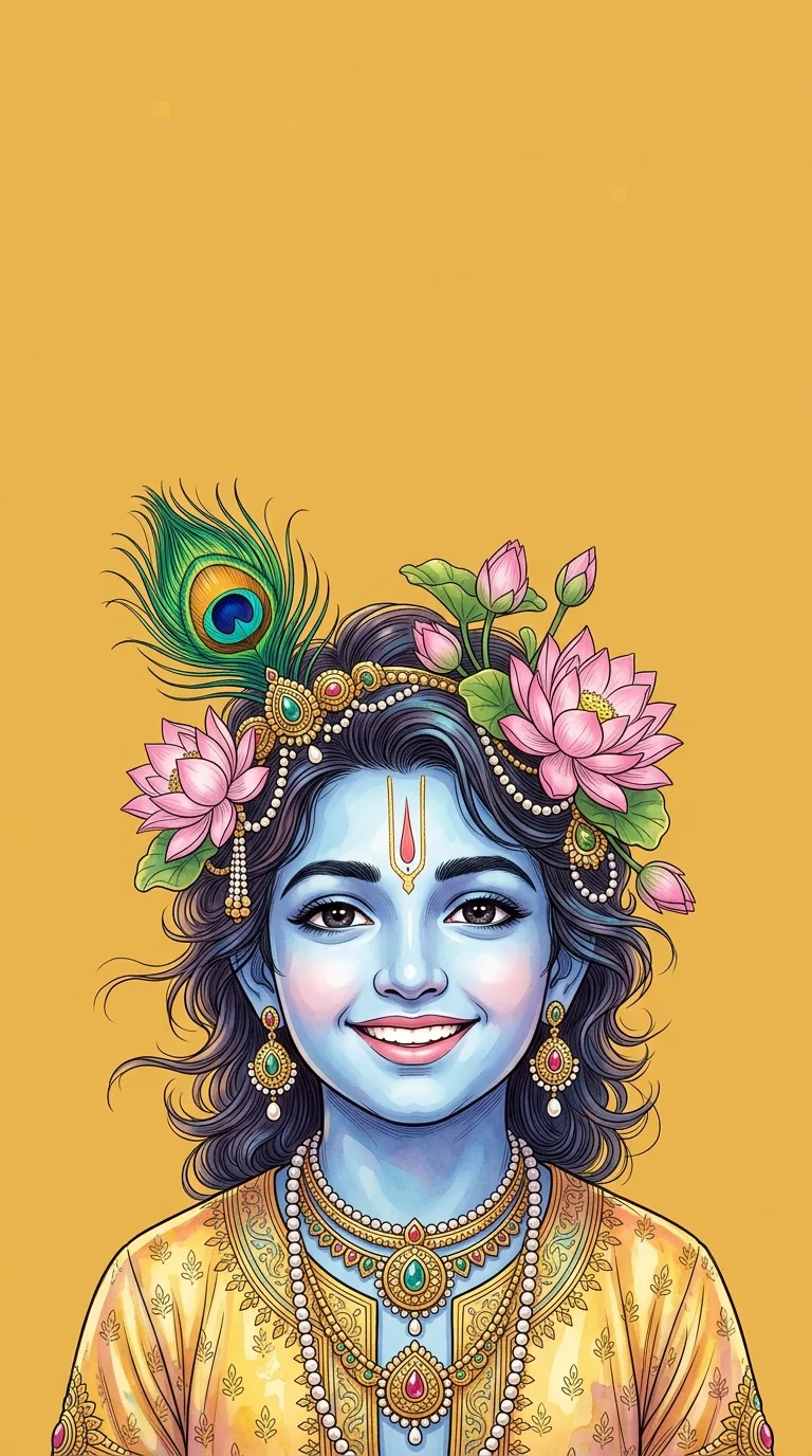 Smiling Lord Krishna with Peacock Feather and Lotus Flowers - Free 8K and 4K mobile Wallpaper Background