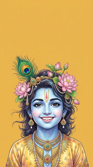 Smiling Lord Krishna with Peacock Feather and Lotus Flowers - Free 4K & 8K mobile Wallpaper