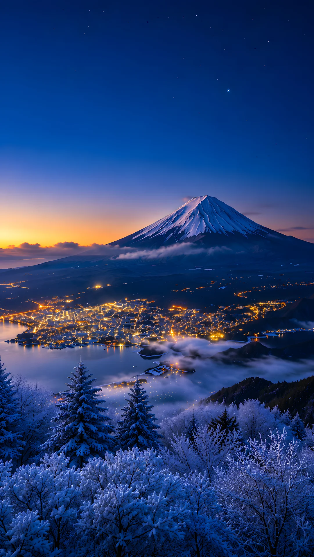 Snow-capped iconic mountain peak overlooking glowing city lights at dusk - Free 4K mobile Wallpaper